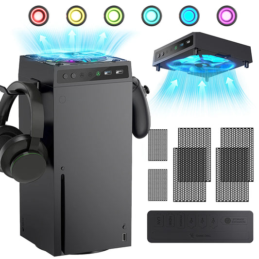 The Xbox series X with dust-proof fans features colorful light strips, dust cover filters, 3-speed low-noise top fans, coolers