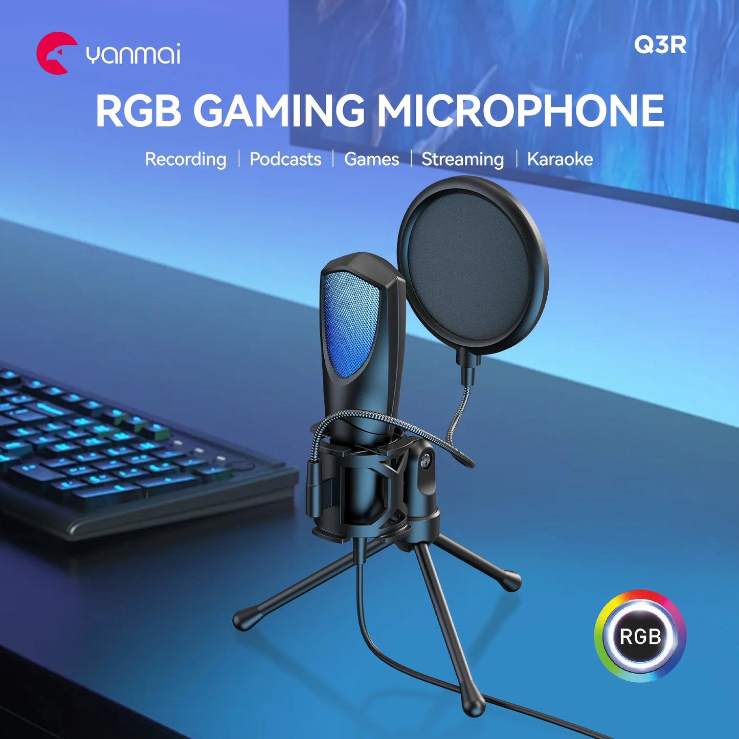 RGB Gaming Condenser Microphone,USB Gaming Microphone Kit for Laptops,PC Podcasts,Gaming,Voiceovers,Vocals & Instruments