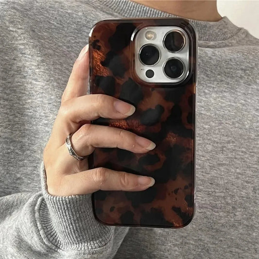 Retro Amber Texture Laser Phone Case For iPhone 17 16 Pro Max 15 14 13 12 11 XS XR 7 8 Plus 16E Stylish Leopard Print Soft Cover
