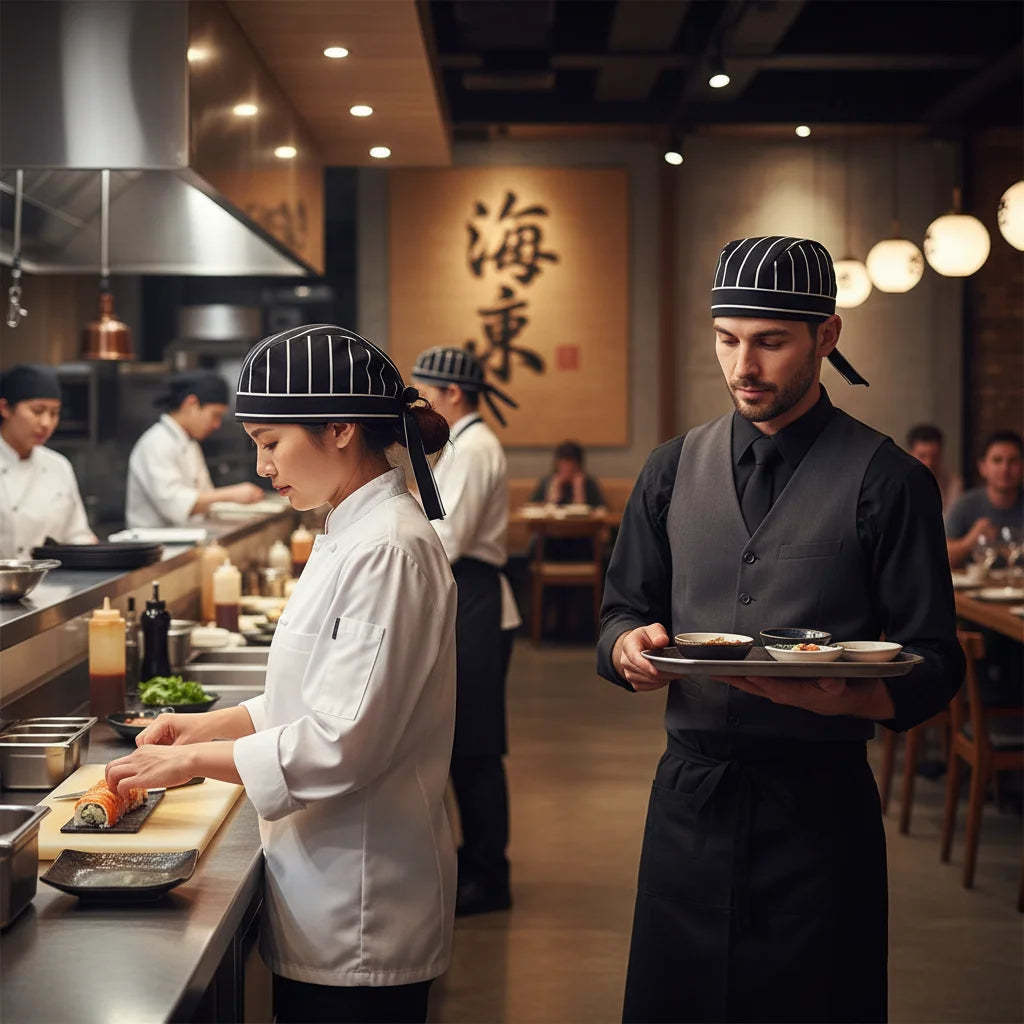 Chef Hat for Men and Women Restaurant Staff Adjustable Tied Band Cooking Cap Breathable Cotton Blend Material for Japanese