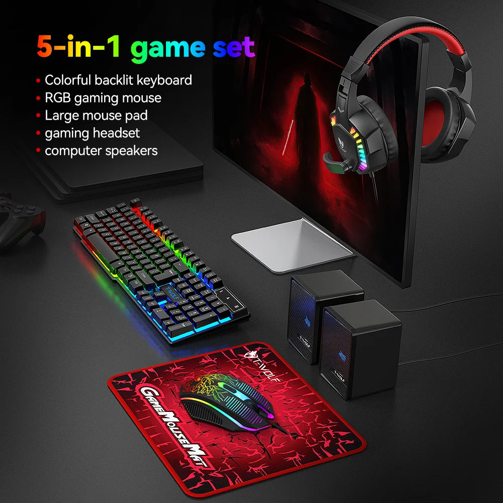 5-in-1 Set Gaming Combo Keyboard 4-color Breathing Light Mouse 3.5mm Gaming Headset Gaming Speaker Anti-slip Mouse Pad NEW HOT