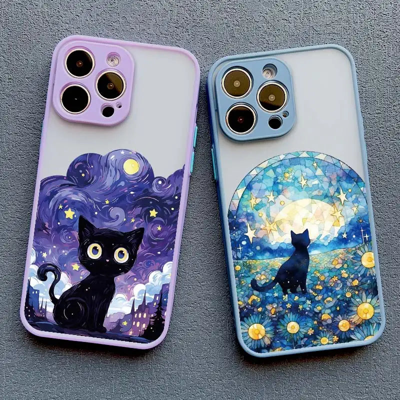 Artistic Black Cat Starry Night Phone Case For iPhone 17 15 14 13 12 11 Pro Max 12 16 Mini XS X XR 14 15 Plus Shockproof Shells