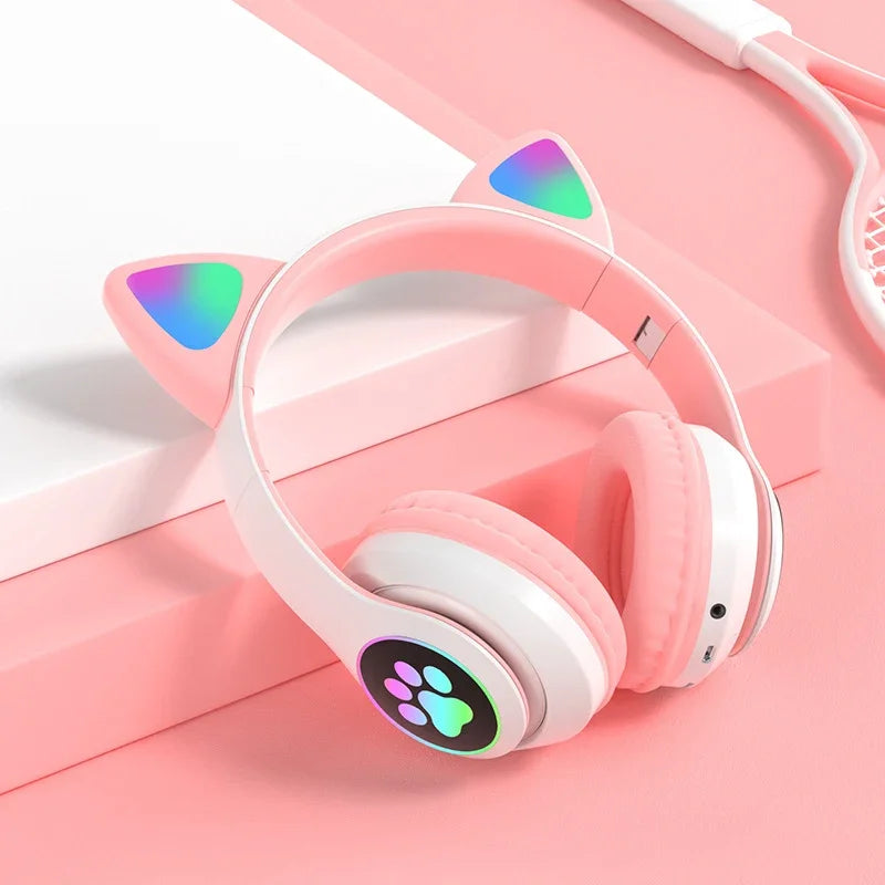 Flash Lamp Cute Cat Ears Headphone Bluetooth5.0 Stereo With Mic Support TF Card Wireless Kids Girl Earphone Birthday Gift