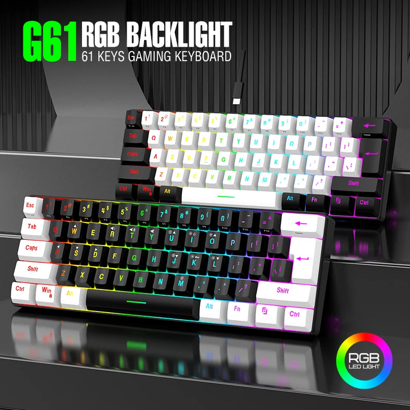 60% compact wired keyboard, red switch mechanical keyboard, 61 keys, RGB backlight, ergonomic, small portable office computer me