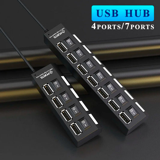USB HUB 4/7 Port Multiple Expander With ON/OFF Switch Multi USB Splitter Hub 4ports 7ports Adapter Computer Accessories