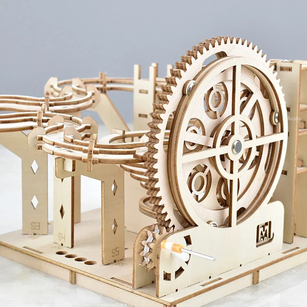 3D Wooden Puzzle DIY Building Kits Mechanical Model Marble Run Set with 4 Balls Creative STEM Toys for Adults Kids Birthday Gift