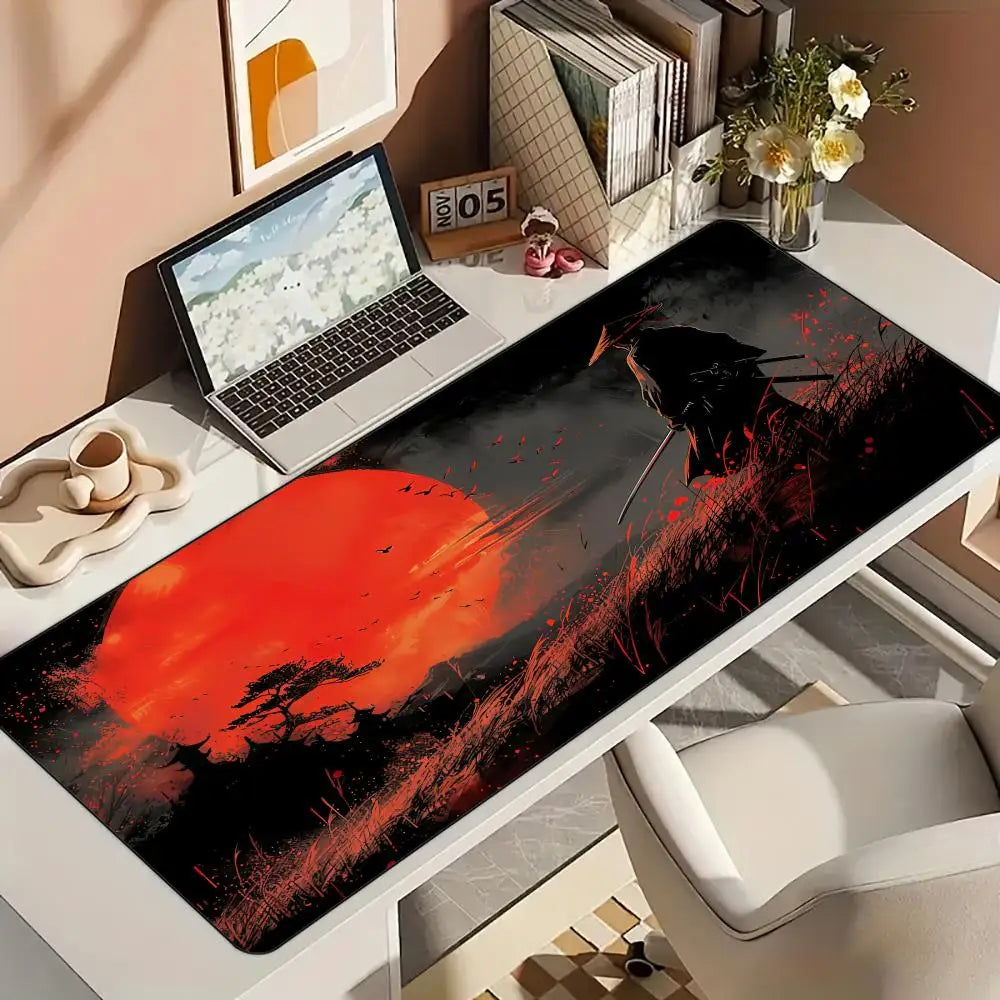 Red full moon samurai design Mouse Pad Desk Mat with Stitched Edges non-Slip rubber base pc accessories Gaming mat maus pad