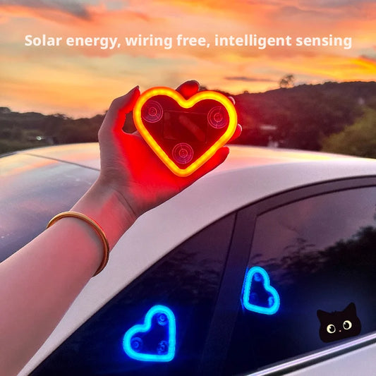Automotive solar-powered, wire-free LED love light with triangular window, wireless neon glow, C-pillar ambiance, interior car d