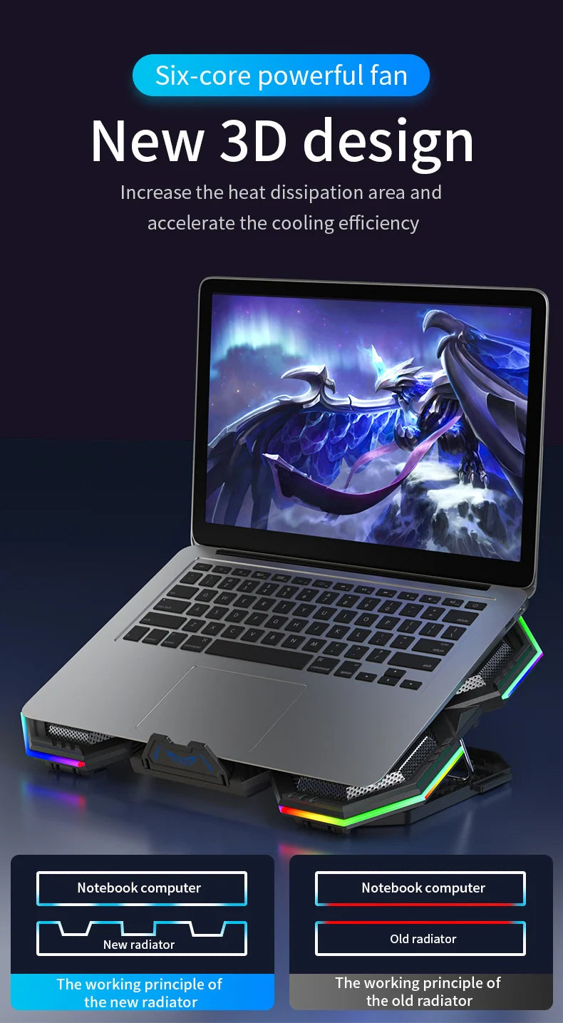 RGB Gaming Laptop Cooling Pad Air Cooler Notebook Stand Holder with 6 fans Cooling Fan Base Suit for 12-17 inch Laptop Stand