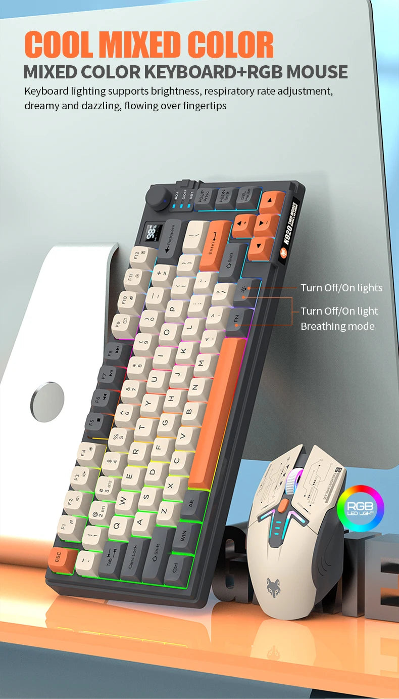 Dual Modes Gaming Keyboard Mouse Combos Computer Laptop Backlight Gamer Kit LED Wireless Usb Keyboard with Display Screen & Knob