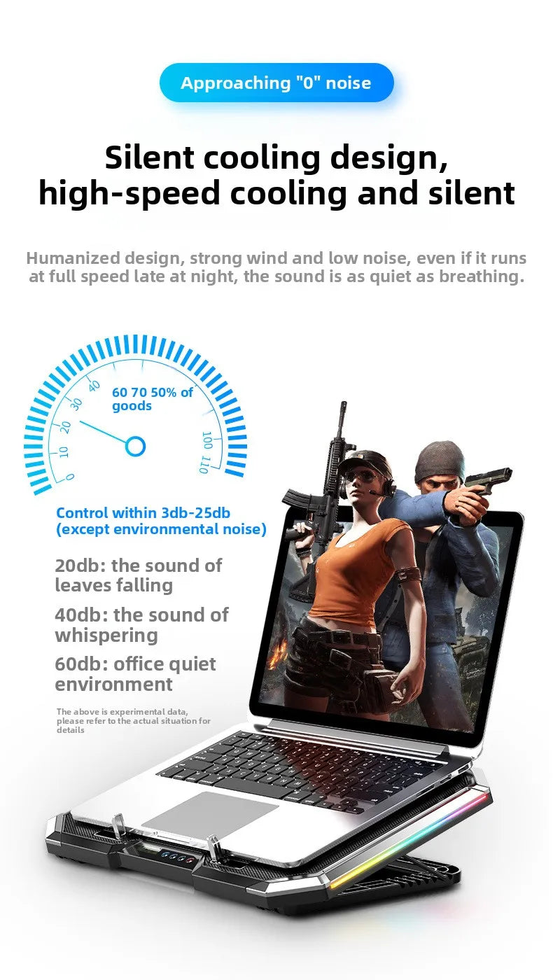 17 inch gaming laptop cooler, 6-fan LCD screen, two USB ports, 1500RPM laptop cooling pad, RBG luminous laptop stand