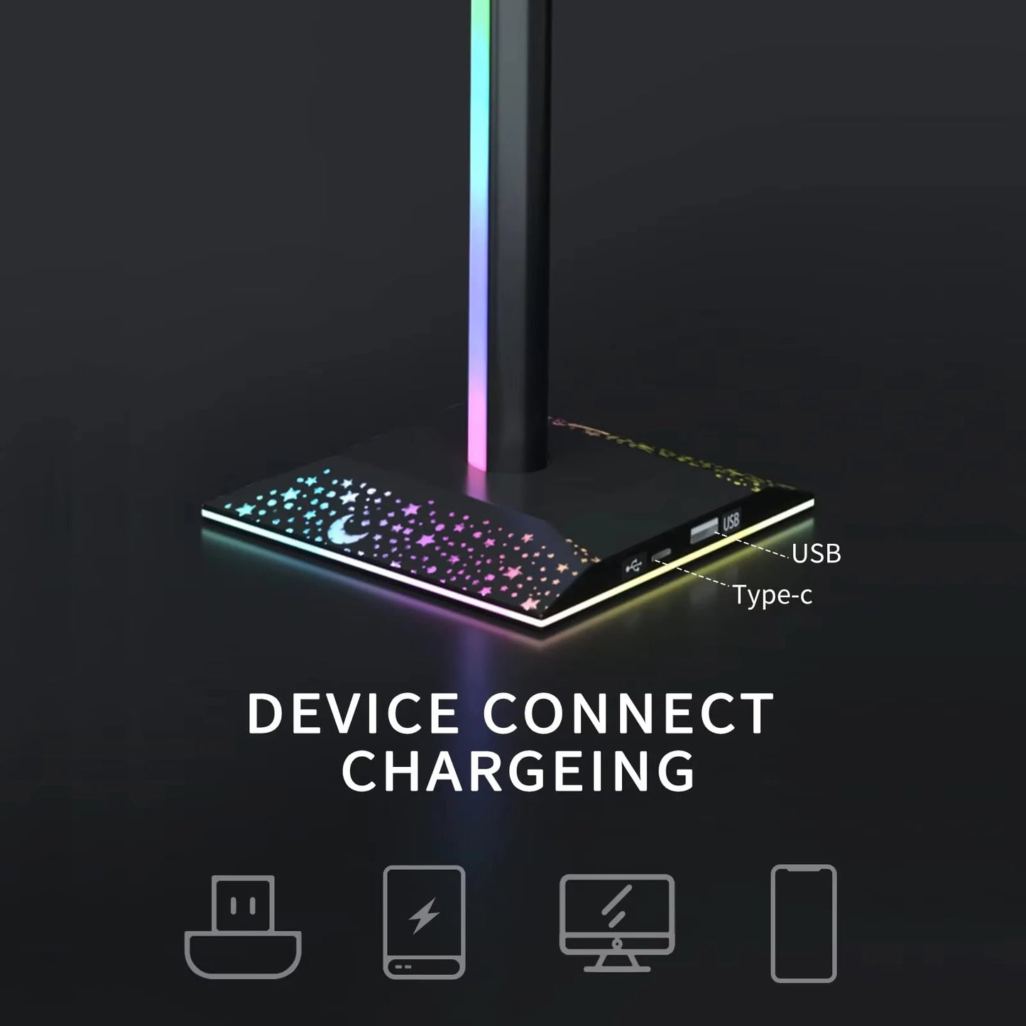 RGB Gaming Headset Stand LED Lights Headphone Stand Type-C & USB Charging Port Desk Lamp for Computer Room Bedroom Desktop