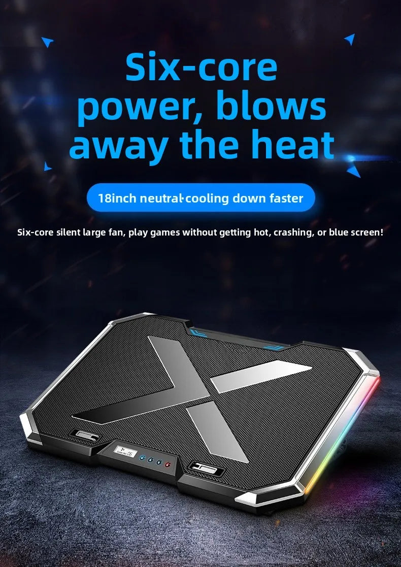 17 inch gaming laptop cooler, 6-fan LCD screen, two USB ports, 1500RPM laptop cooling pad, RBG luminous laptop stand