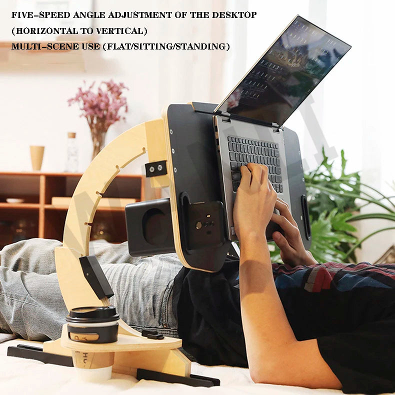 Desktop computer stand, portable and foldable stand, multi-functional reclining desk, made of wood, 360° adjustable laptop stand