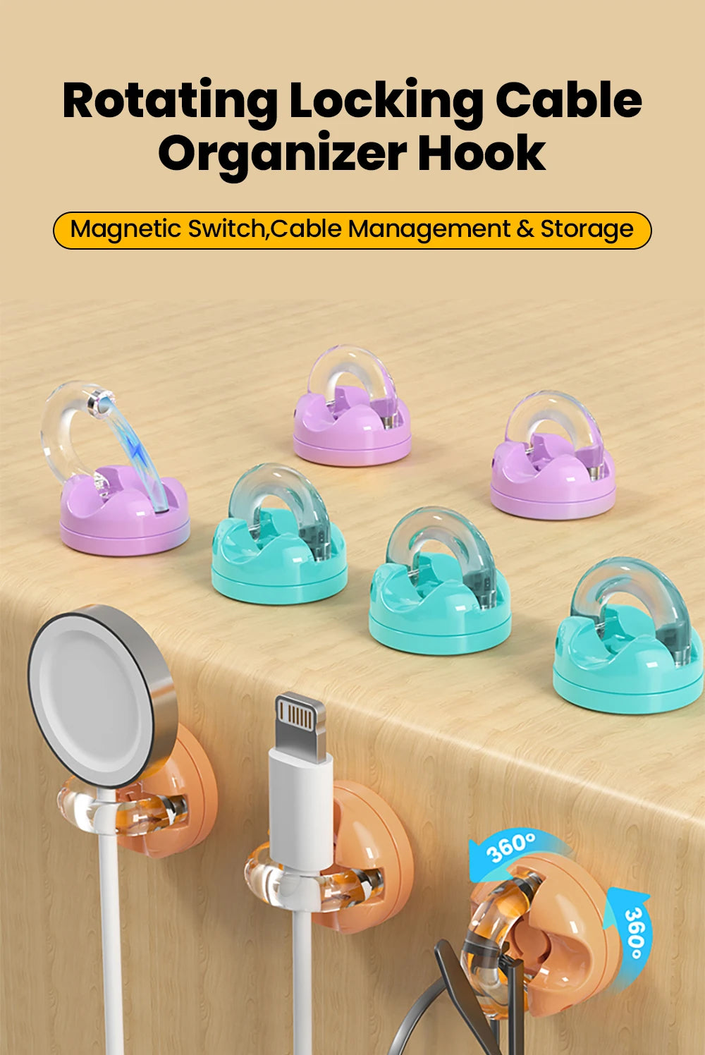 Magnetic Clip Cable Organizer Hook Smooth Adjustable Acrylic Universal Winder Under Desk Management Wire Keeper Cable