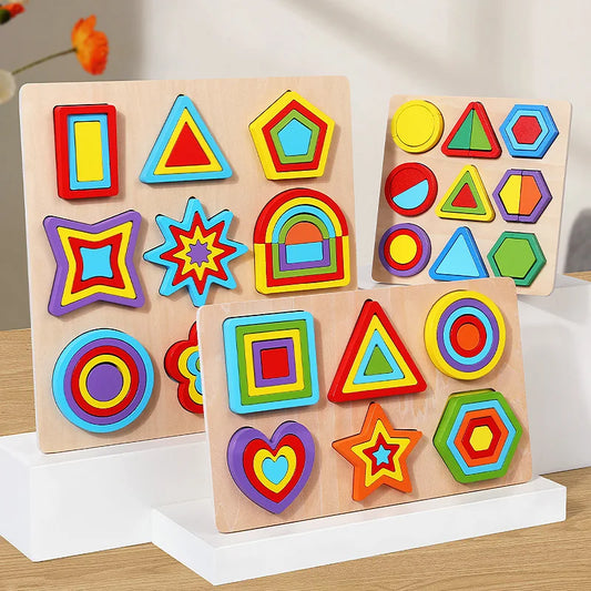 Wooden Geometric Shapes Colorful Montessori Puzzles Cognitive 3D Toddlers Education Board Math Sorting Games Children's toys
