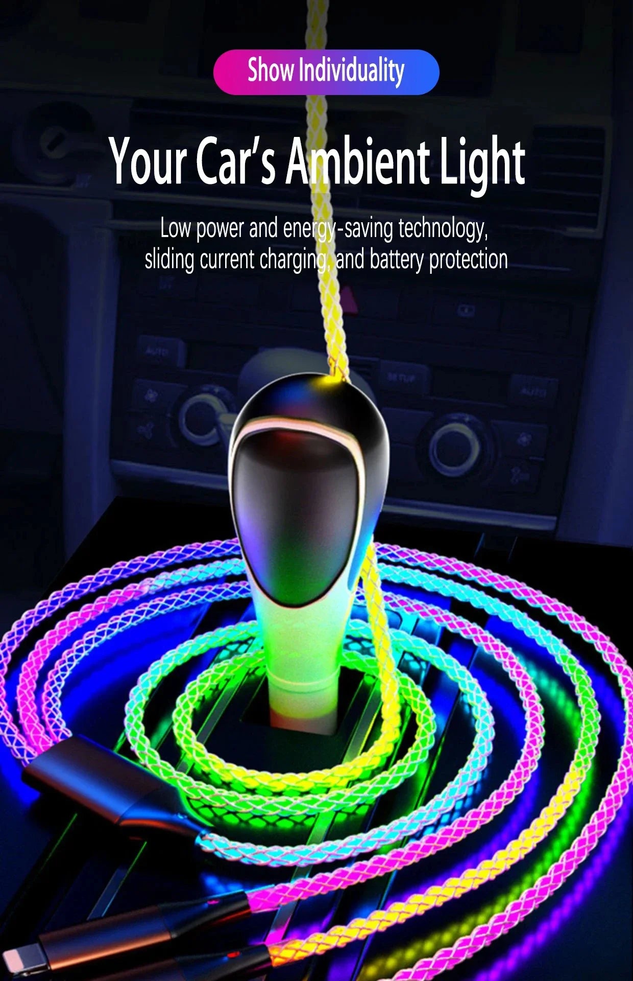3 in 1 1.2M 6A Super Fast Charging Colorful Light Data Cable Drag Three RGB Breathing Gradient Car Charging Cable USB Universal