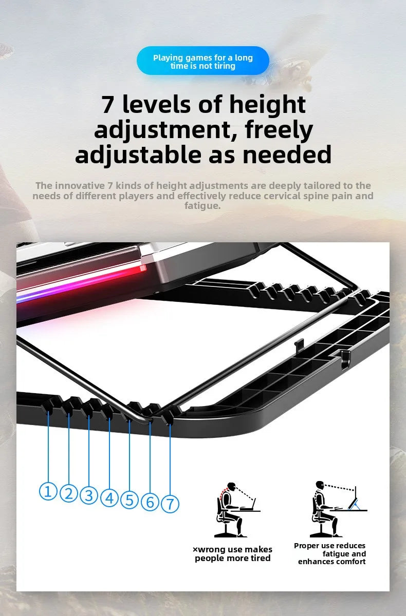 17 inch gaming laptop cooler, 6-fan LCD screen, two USB ports, 1500RPM laptop cooling pad, RBG luminous laptop stand