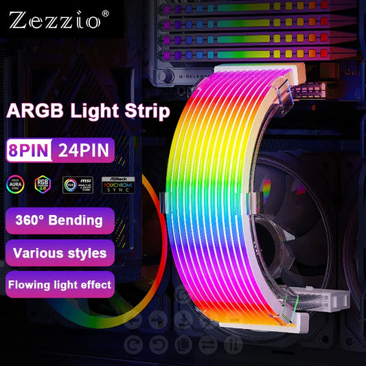 Zezzio ARGB Light Strip Neon Line PC Case Decoration 8Pin Graphics Card 24Pin Motherboard Luminous DIY RGB Computer Lamp Strip