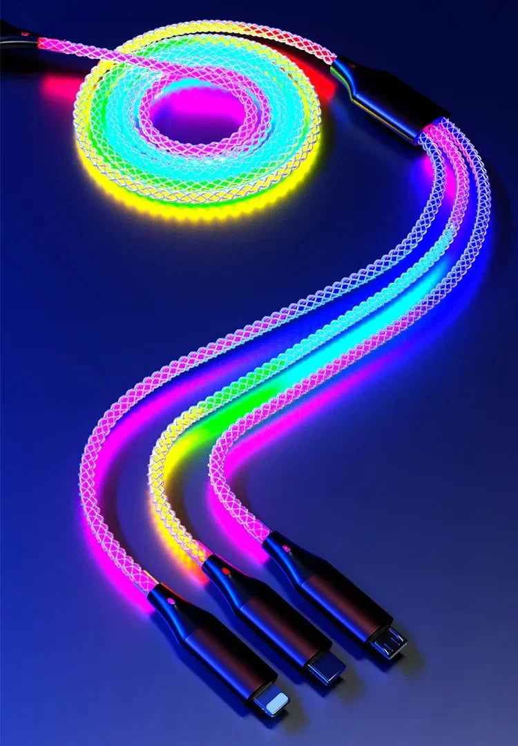 3 in 1 1.2M 6A Super Fast Charging Colorful Light Data Cable Drag Three RGB Breathing Gradient Car Charging Cable USB Universal