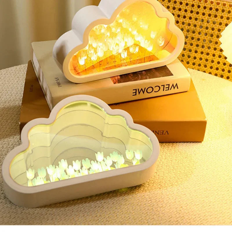 LED Night Light Mirror Table Lamp Bedroom Decor Lights New Handmade DIY Tulip Flower Sea Night Atmosphere Lamp Clouds Tulip Lamp