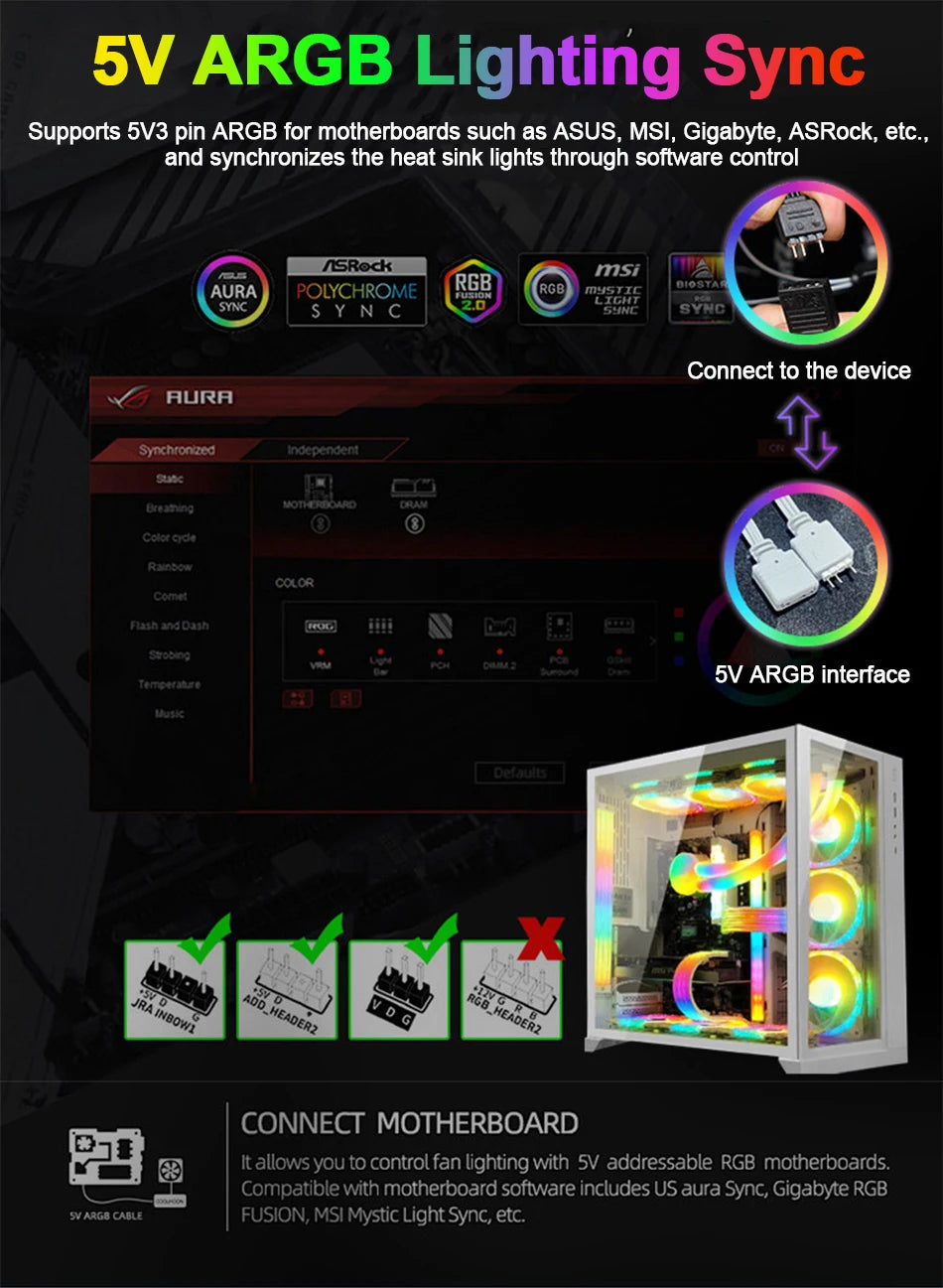 Zezzio ARGB Light Strip Neon Line PC Case Decoration 8Pin Graphics Card 24Pin Motherboard Luminous DIY RGB Computer Lamp Strip