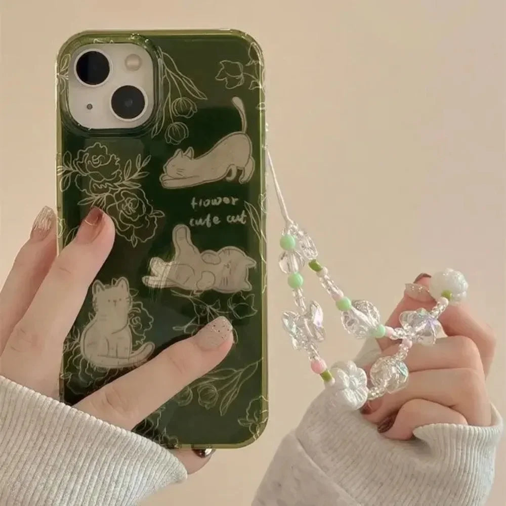 Feather Yarn Green Sketch Cat Phone Case for IPhone 16 15 14 13 12 11 Pro Max Plus Transparent Shockproof Hard Cover