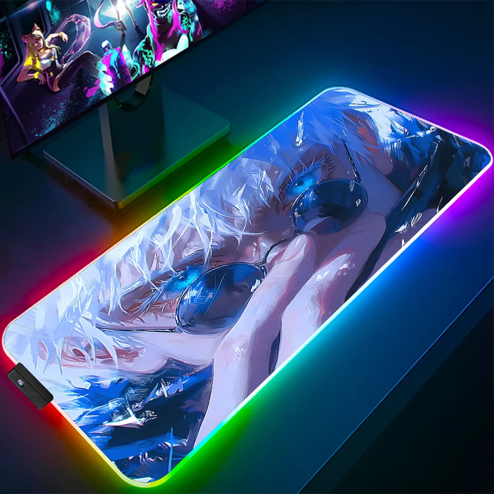 Jujutsu Kaisen Anime RGB Pc Gamer Keyboard Mouse Pad Gojo Satoru Mousepad LED Glowing Mouse Mats Rubber Gaming Computer Mats Xxl