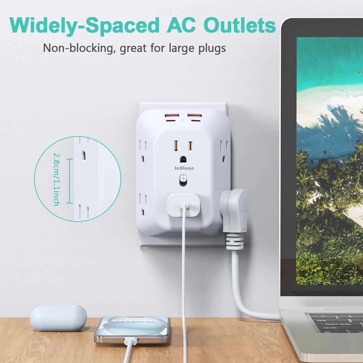 USB Wall Charger Surge Protector 6 Outlet Extender with 4 USB Charging Ports (2 USB C Outlet) , Wall Adapter Spaced for Home