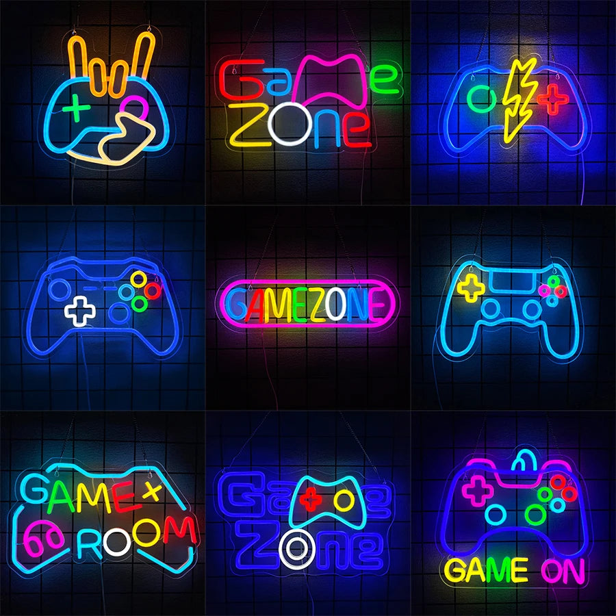Game Zone Neon Sign, Gamepad Shaped LED Neon Sign for Gamer Room Decor, Game On Neon Sign for Boys Home Decor, 5V USB Powered