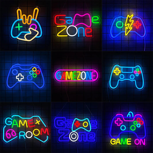 Game Zone Neon Sign, Gamepad Shaped LED Neon Sign for Gamer Room Decor, Game On Neon Sign for Boys Home Decor, 5V USB Powered