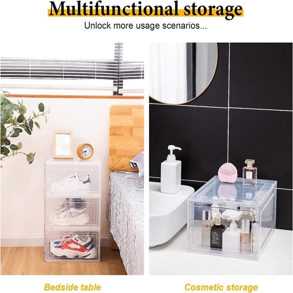 6 Pack Large Plastic Shoe Storage Boxes Stackable Magnetic Door Dustproof Organizer for Men/Women Sports Shoes up to Size 13