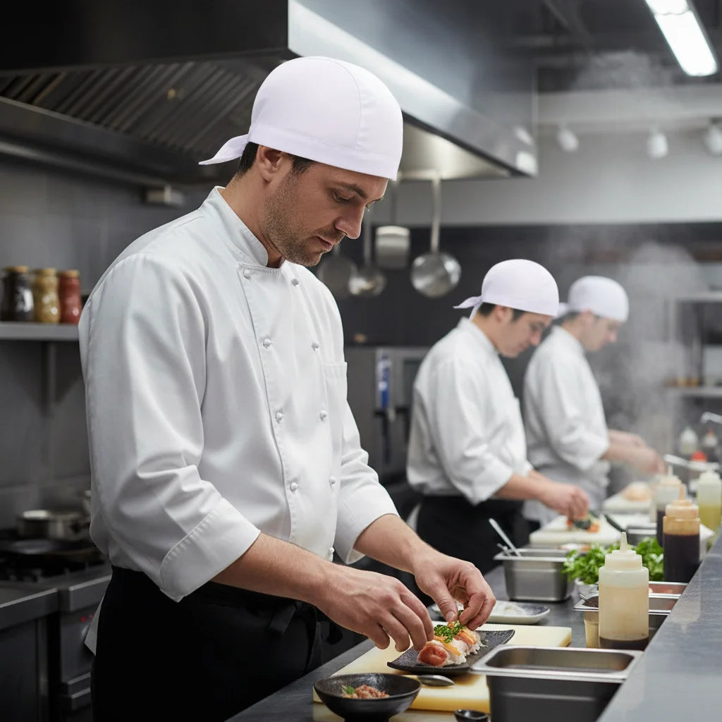 Chef Hat for Men and Women Restaurant Staff Adjustable Tied Band Cooking Cap Breathable Cotton Blend Material for Japanese
