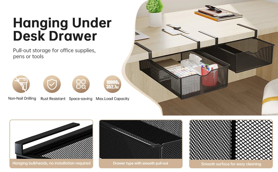 Under-Desk Drawer with Rod, Invisible Storage Box under the Desk, Workstation Transformation Tool, Student Desk Side Shelf