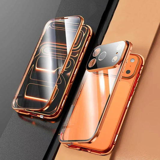 Double Sided Buckle Magnetic Glass Case For iPhone 17 16 15 14 13 12 Pro Max Air Mini Plus 360° Full Body Protection Phone Cover