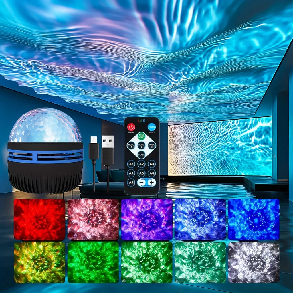 Water Ripples Night Light LED Sky Porjection Lamp USB Plug-in Use Remote Control Night Lamp Home Bedroom KTV Atmosphere Decor