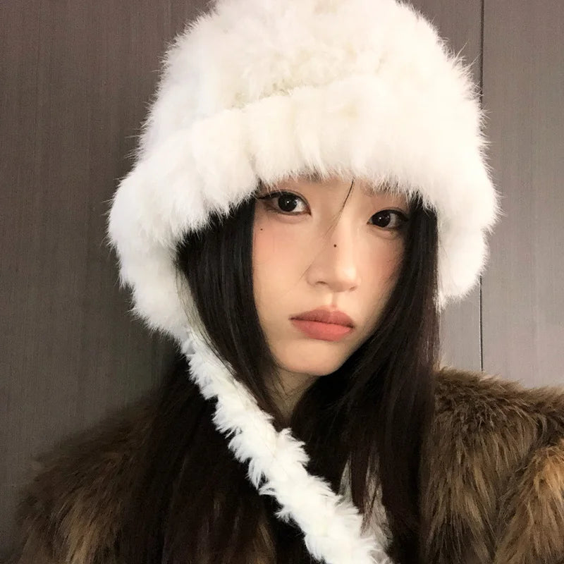 Rabbit Hair Mixed Wool Hat For Women Autumn And Winter Style Thickened And Warm Knitted Hat Cold-Proof And Ear-CoveringEd Hat