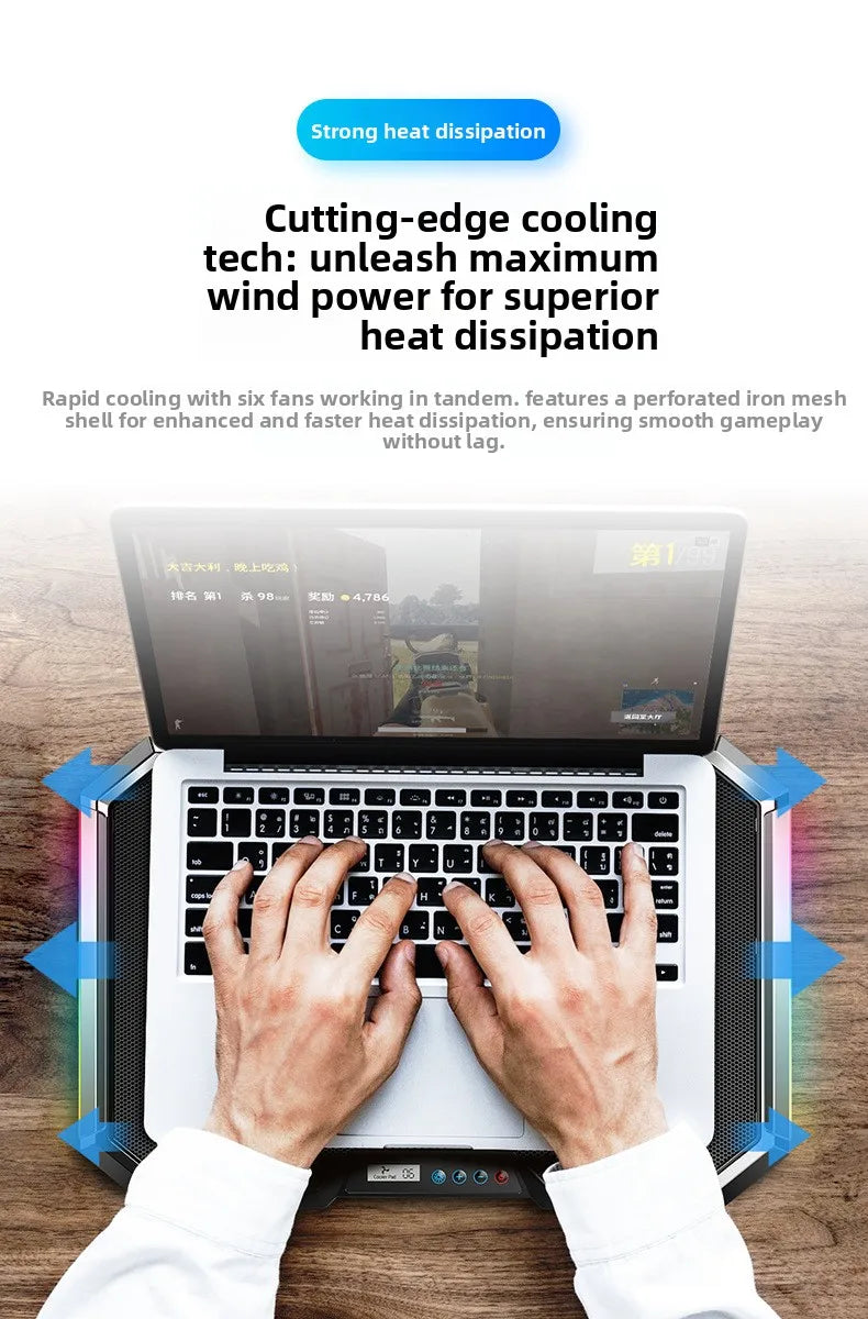 17 inch gaming laptop cooler, 6-fan LCD screen, two USB ports, 1500RPM laptop cooling pad, RBG luminous laptop stand