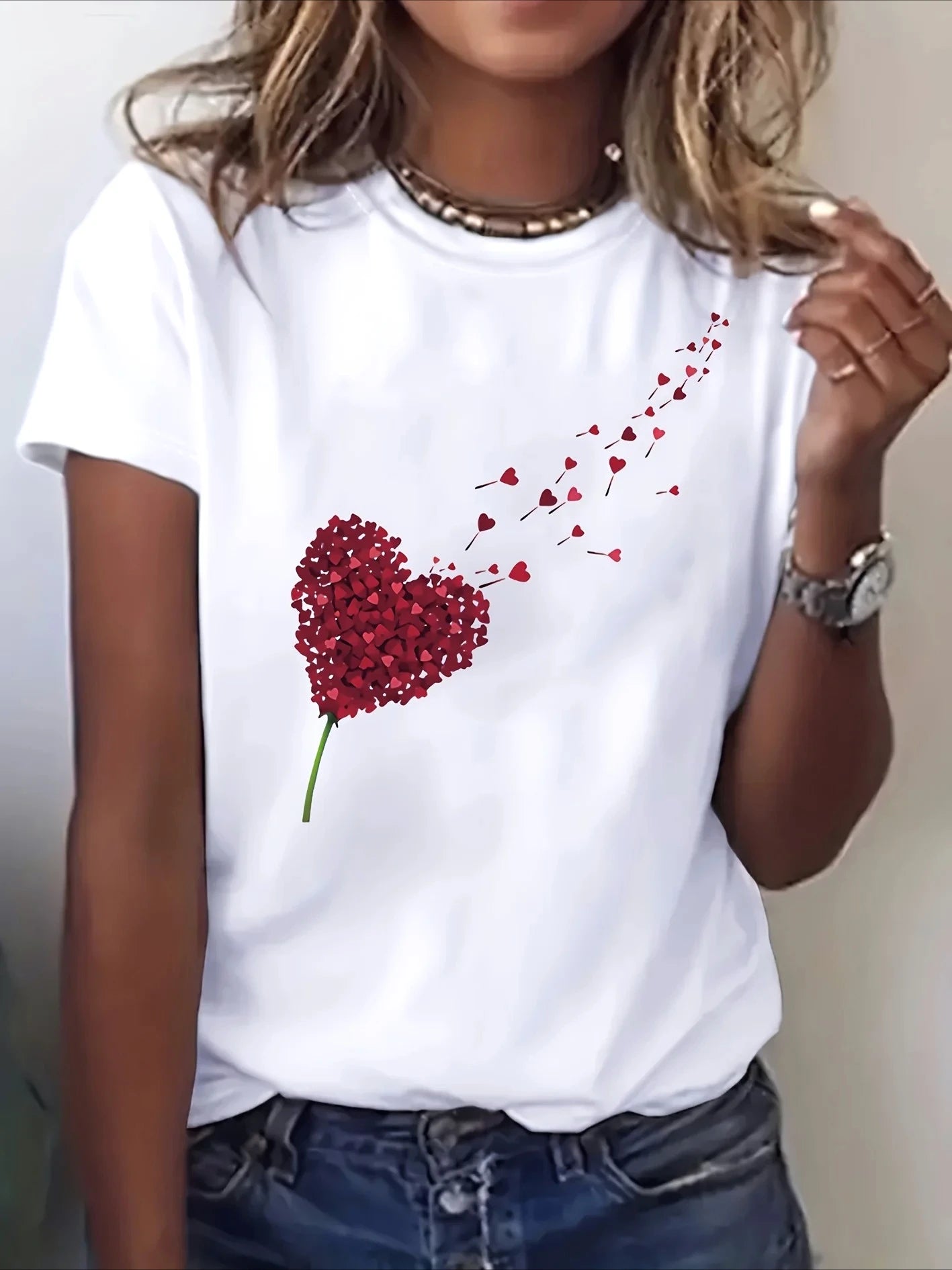Valentine's Day Short Sleeve Women's Top Summer Comfortable Heart-Shaped Printed T-Shirt Casual Round Neck Aesthetic Clothes