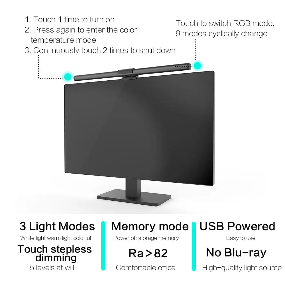 Computer Monitor Screen Light Bar LED Desk Lamp Monitor Light Bar Eye-Care Stepless Dimming Lighting Table Lamp for Work Gaming