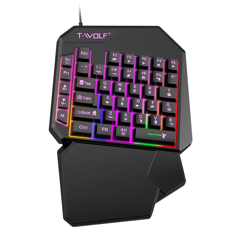 Single-handed keyboard and mouse gaming kit for "Kingdom Rush" mobile game. Left-handed keyboard.