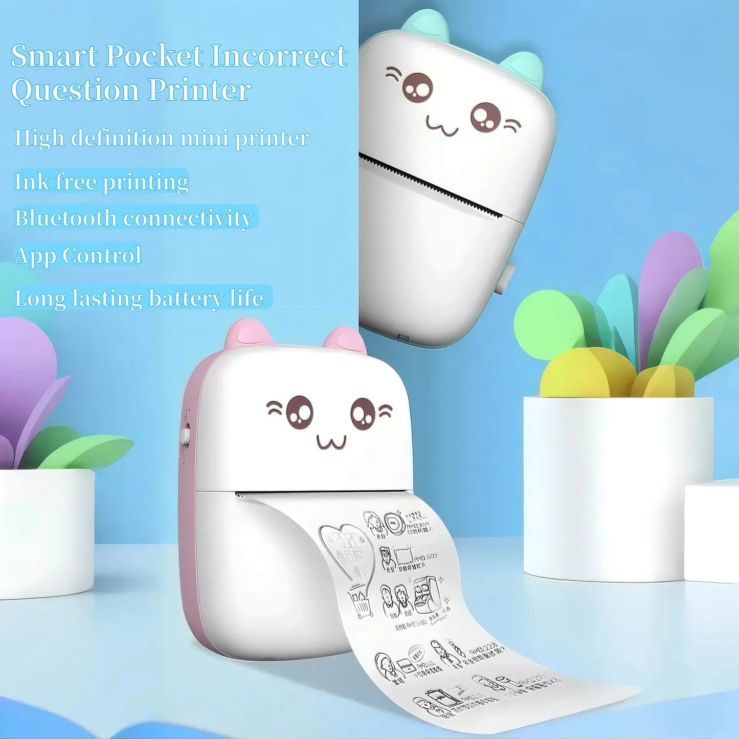 Mini high-definition thermal paper printer, APP+Bluetooth ink free portable printer, suitable for learning/daily label printing