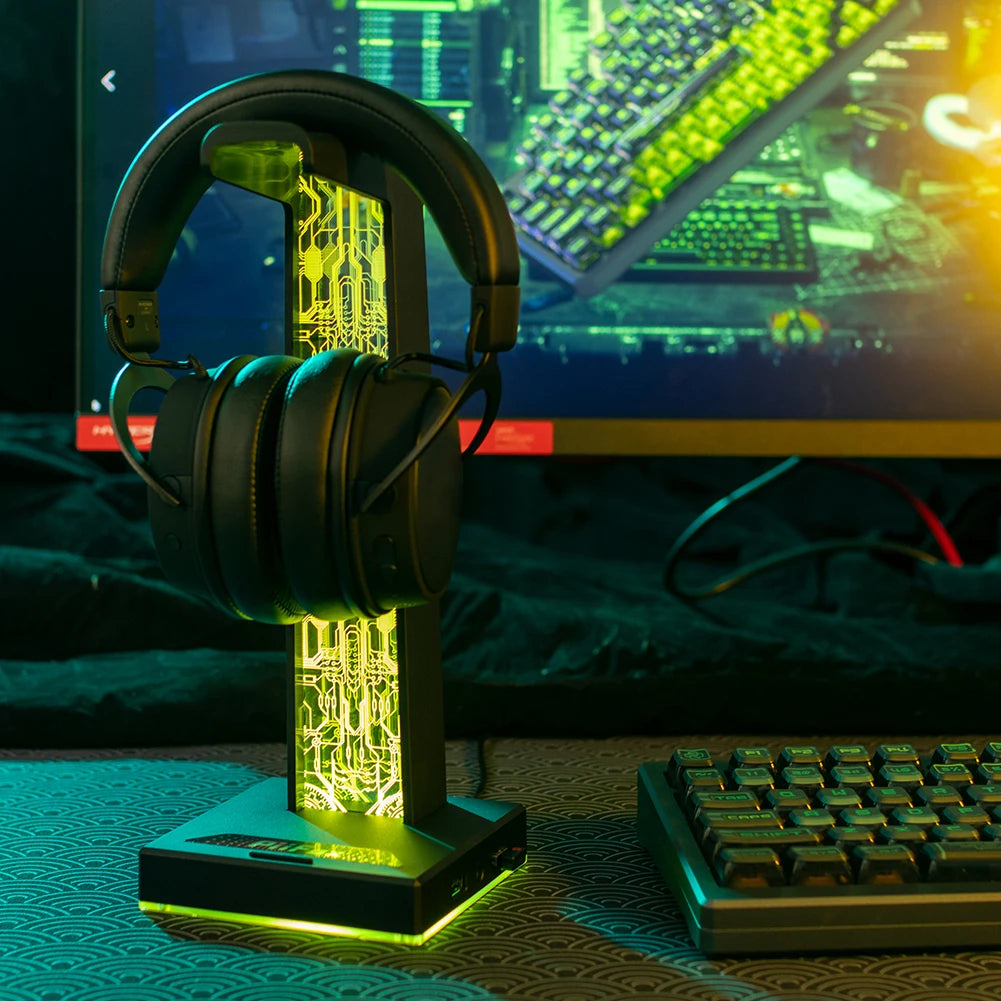Desktop Gaming Headset Hanger Bracket RGB Headphone Holder Stand with 2 USB Charger Ports Earphone Rack For PUBG Computer Gamer