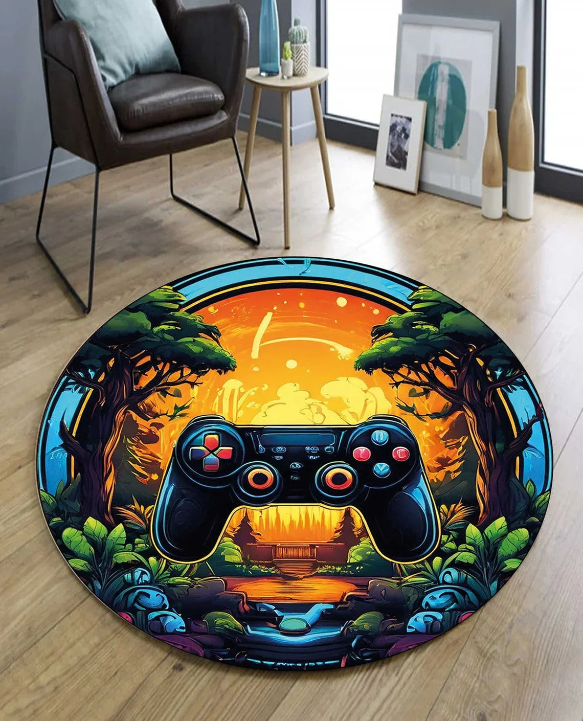 Gamer Controller Round Rug Cool Black Circuit Board Carpet for Gaming Rooms, Teens, Man Caves & Geek Decor Floor Mat