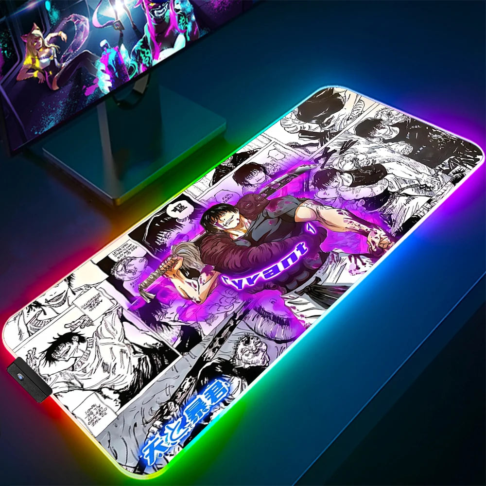 Jujutsu Kaisen Anime RGB Pc Gamer Keyboard Mouse Pad Gojo Satoru Mousepad LED Glowing Mouse Mats Rubber Gaming Computer Mats Xxl