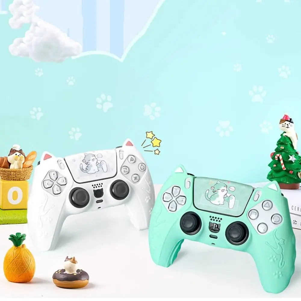 Silicone Controller Case Set with Thumb Grip Caps Cat Paw Controller Skin with Sticker Anti-slip Protective Shell Cover for PS5