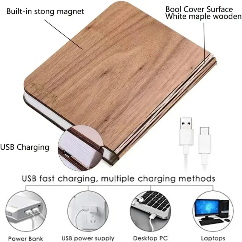 LED Wooden Book Lamp Creative 3D Book Light Folding LED Night Light USB Recharge Decor Bedroom Table Lamp for Kid Brithday Gifts