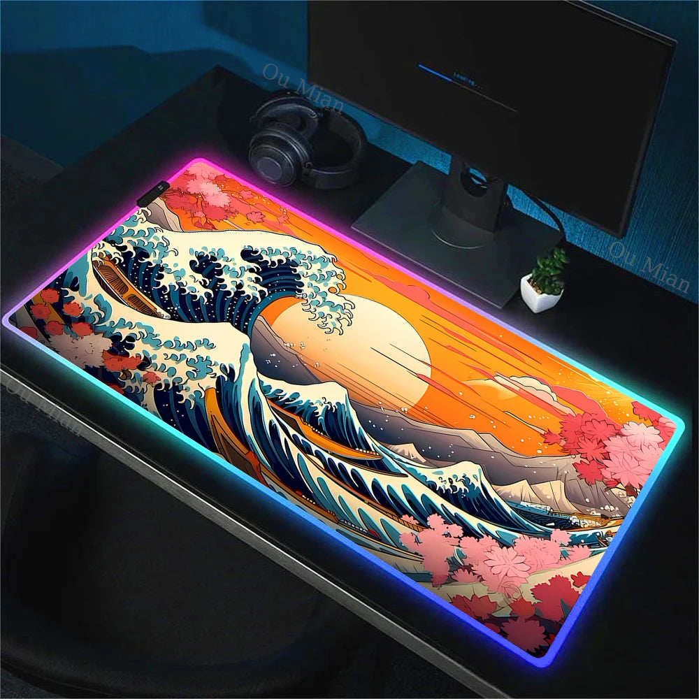 900x400mm RGB Mouse Pad The Great Wave off Kanagawa Design Waterproof Backlit Gaming Mousepad Protector with Laptop Accesso Mat