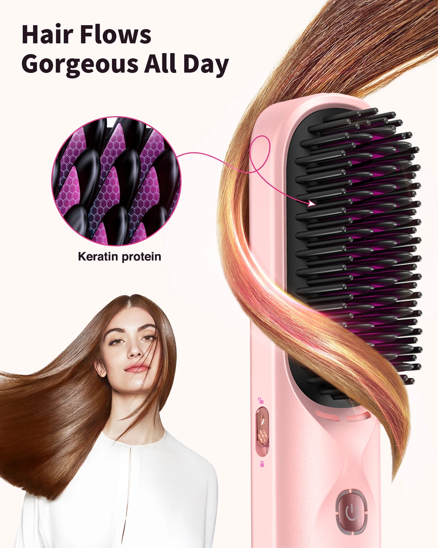 Cordless Hair Straightener Brush 10000mAh Portable for Travel 300M Negative Ions Frizz-Free Shine Fast Heating Gift for Women