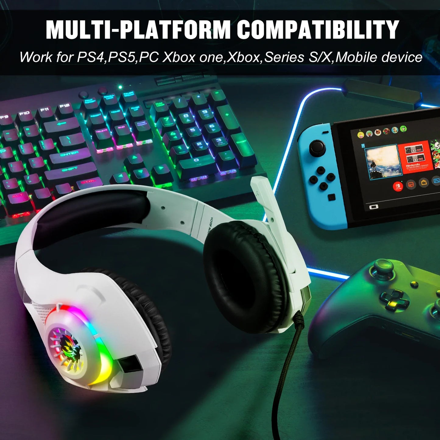 RGB Light Gaming Headset for PC PS5 Game Headphone with Microphone Noise Cancelling Earphone 3.5mm USB Deep Bass Stereo Sound